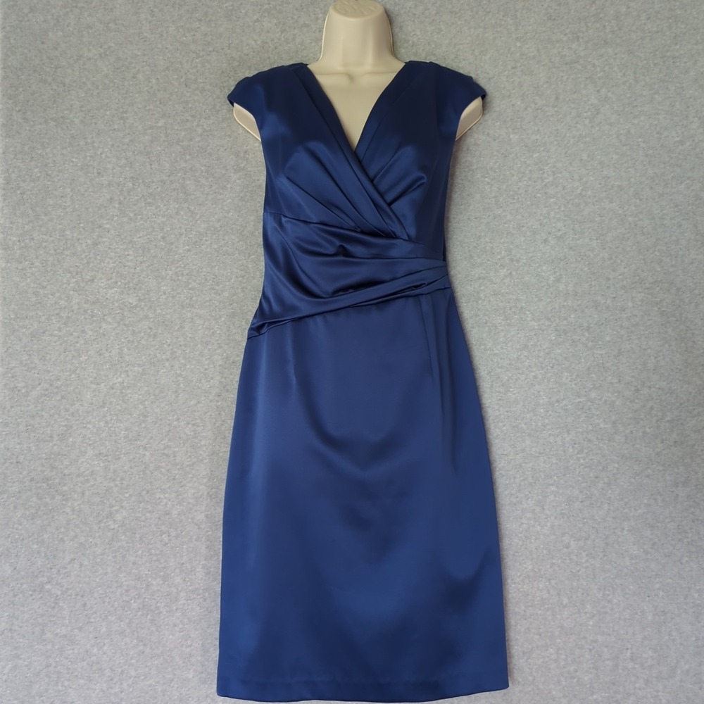 David Meister Cocktail Sheath Wrap Crepe Satin Midi Dress 10 Babydoll Slimming